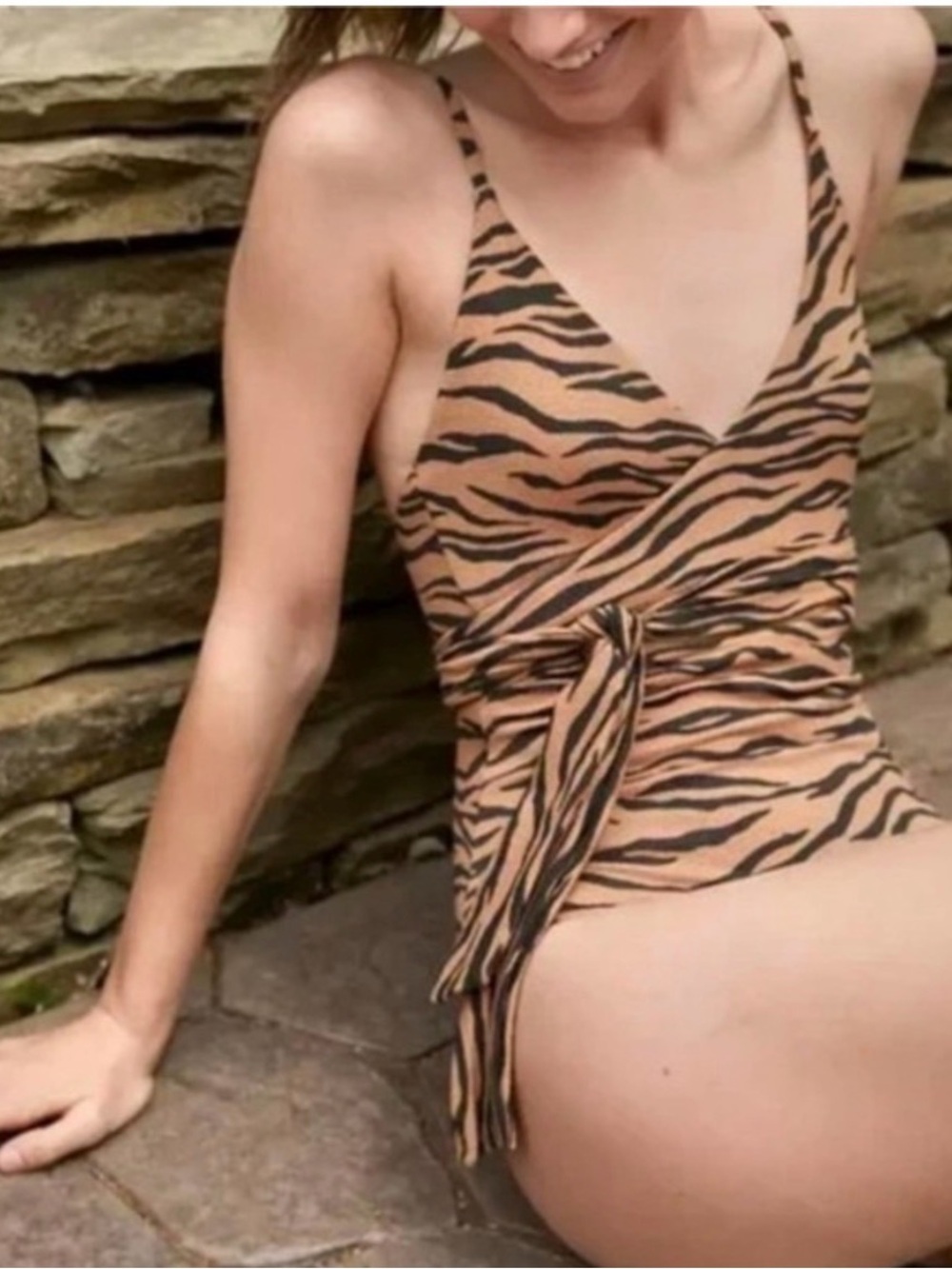 Aerie Tiger Stripe Animal Print Pique Wrap One Piece Swimsuit Tan Brown & Black - Picture 3 of 9